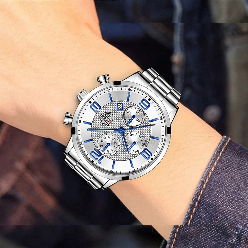Relógio Deyros Elite | Estilo Executivo em Aço Inoxidável ou Couro | Quartzo com Calendário e Ponteiros Luminosos