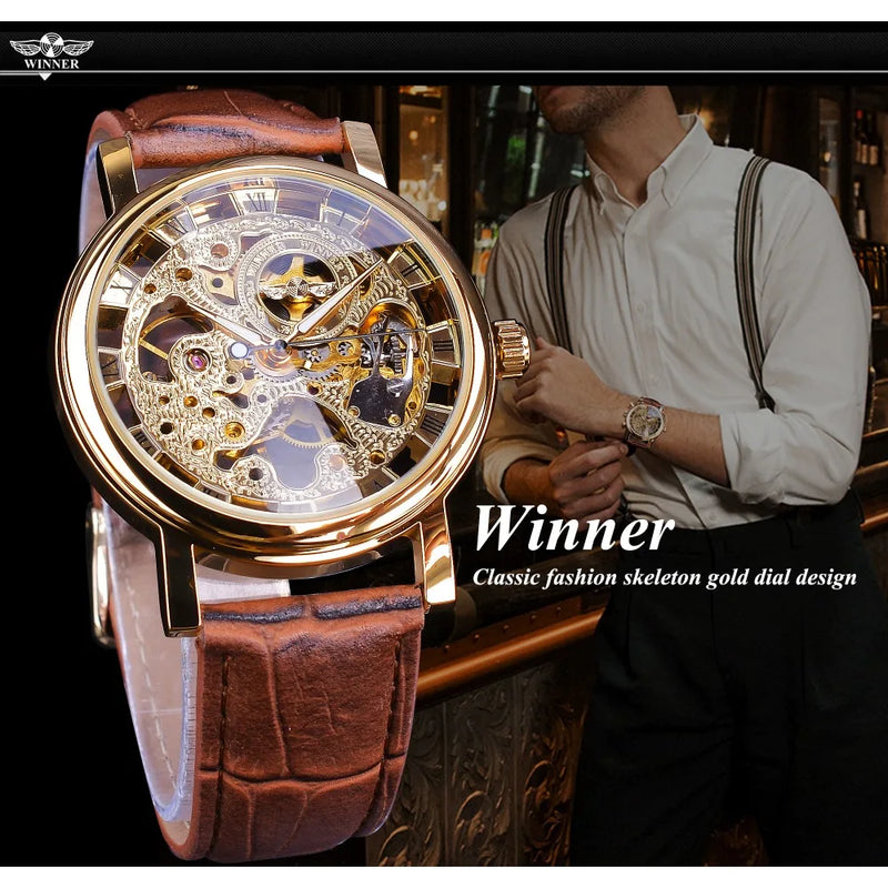 Winner Vision – Relógio Masculino Luxo com Mostrador Transparente, Design Skeleton e Pulseira de Couro