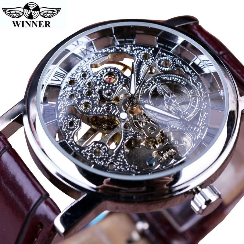Winner Vision – Relógio Masculino Luxo com Mostrador Transparente, Design Skeleton e Pulseira de Couro